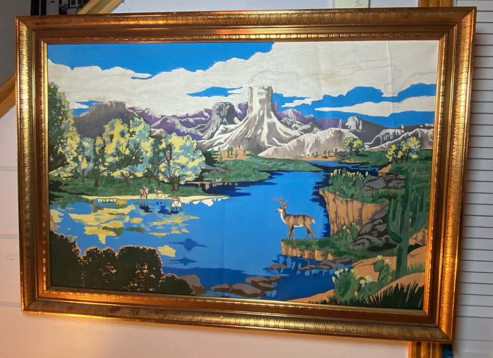 Vintage Framed Landscape Paint By Number Deer Wall Art